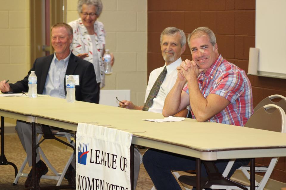 Anderson County Commission candidates Phil Yager, from left, Bob Smallridge and Jake Martin listen to questions during the candidates forum held last Thursday, July 14, at Roane State Community College's Goff Building. The three, along with Myra Mansfield, who was not present, are seeking the two seats in Oak Ridge's District 8. Yager and Smallridge are the incumbents.