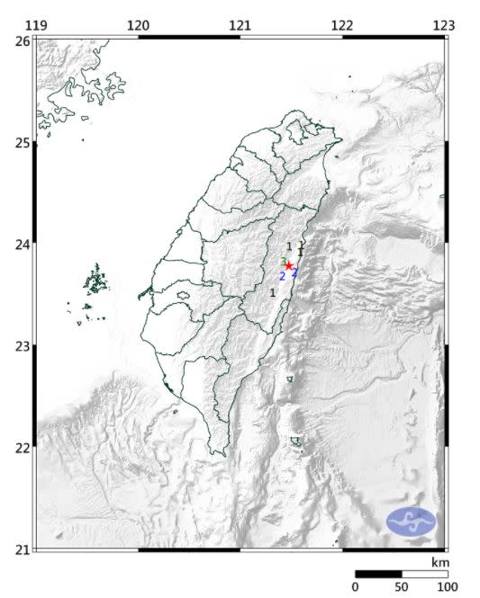 花蓮發生有感地震。（圖／翻攝自中央氣象局）