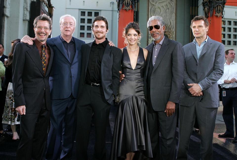 Oldman with fellow ‘Batman Begins’ cast members Sir Michael Caine, Christian Bale, Katie Holmes, Morgan Freeman and Liam Neeson in 2005. (Kevin Winter/Getty Images)