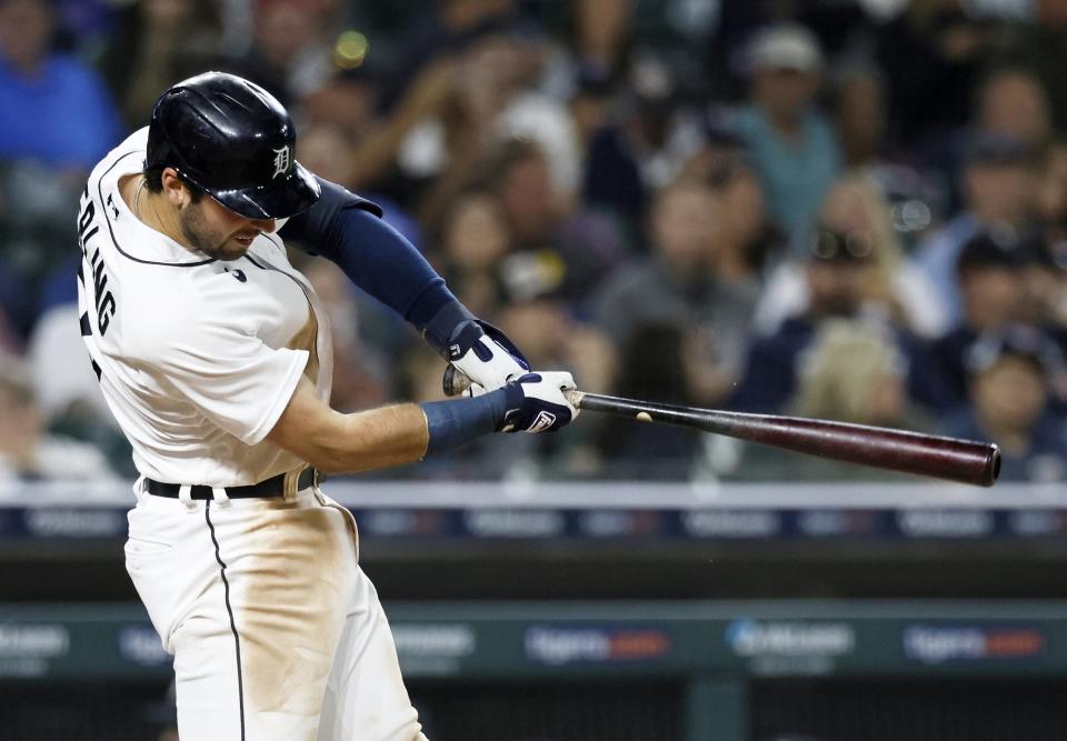 Detroit Tigers' Matt Vierling hits a solo home run against the Chicago White Sox during the seventh inning of a baseball game Saturday, Sept. 9, 2023, in Detroit. (AP Photo/Duane Burleson)