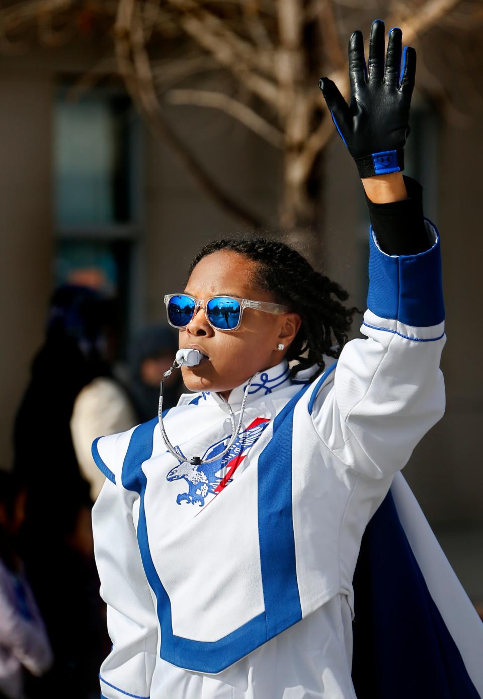 A drum major leads the Millwood High School marching band as it performs along the parade route of the Martin Luther King, Jr. Day Parade in downtown Oklahoma City on  Monday afternoon, Jan. 21, 2019.   Photo by Jim Beckel, The Oklahoman. 