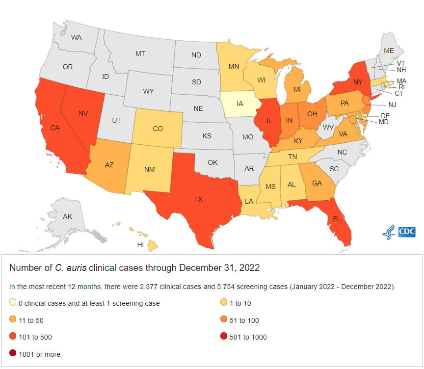 C. auris clinical cases through December, 31, 2022. (CDC)