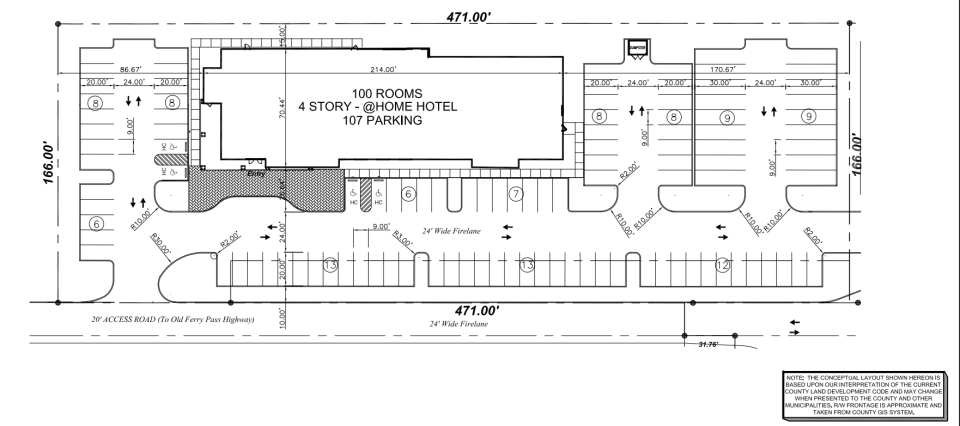 Conceptual site plans for potential development of a new hotel on Atwood Drive, filed with Escambia County's Development Review Committee for pre-application discussion of the proposed project.