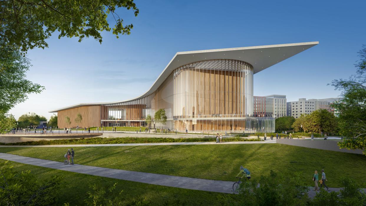 An external rendering view from the Main Street Bridge shows conceptual plans by the Columbus Symphony Orchestra for a $275 million new music hall on city of Columbus owned land near COSI.