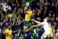 Rugby Union - Rugby Test - England v Australia's Wallabies - Melbourne, Australia - 18/06/16. Australia's Israel Folau jumps to catch the ball during the first half against England. REUTERS/Brandon Malone
