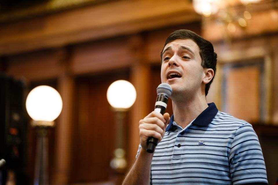 Actor Stephen Christopher Anthony performs the song "You Will Be Found" from the Broadway show "Dear Evan Hansen" with the Waukee High School Avenue Jazz choir at the Iowa State Capitol on Wednesday, Feb. 6, 2019, in Des Moines.