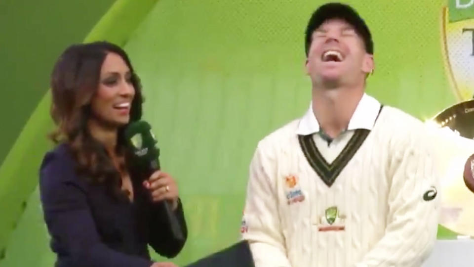 David Warner and Isa Guha laugh during an interview after the batsman won man of the series. (Image: Fox Sports)