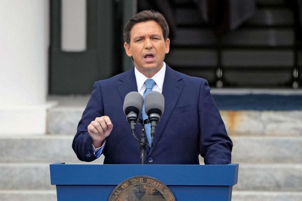 PHOTO: FILE - Florida Gov. Ron DeSantis speaks after being sworn in to begin his second term during an inauguration ceremony outside the Old Capitol Jan. 3, 2023, in Tallahassee, Fla. (Lynne Sladky/AP, FILE)