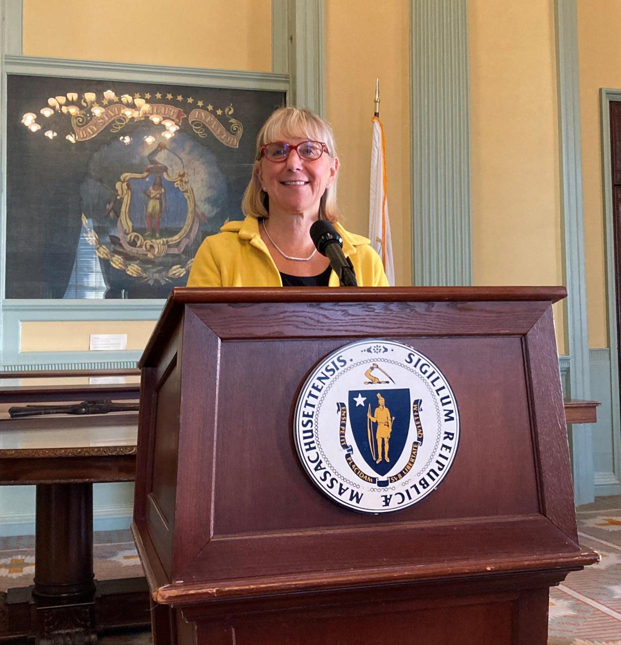Senate President Karen Spilka, D-Ashland, announces the unanimous passage of a bill to make feminine hygiene products available for free in selected publicly supported bathrooms on Thursday.