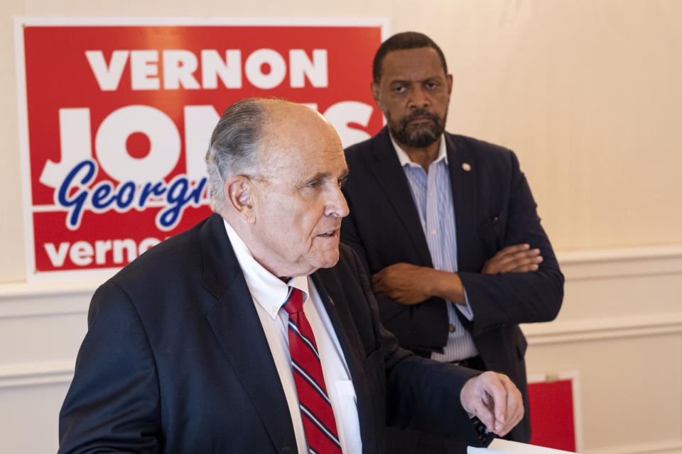 Rudy Giuliani endorses GOP candidate Vernon Jones for Governor of Georgia during a press conference Wednesday, June 30, 2021 in Atlanta, Ga. (AP Photo/Ben Gray)