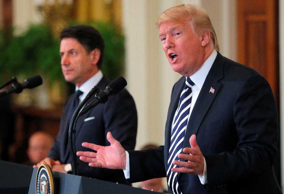 President Trump and Italian Prime Minister Giuseppe Conte hold a joint news conference in the East Room of the White House on Monday. (Photo: Brian Snyder/Reuters)