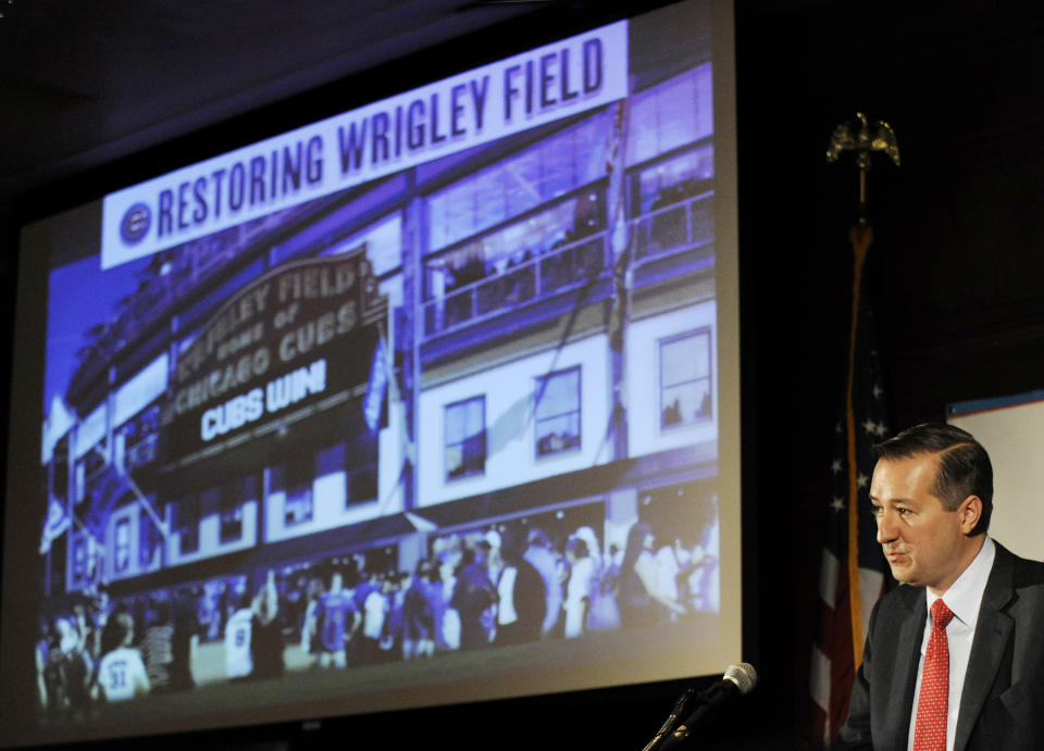 FILE - In this May 1, 2013, file photo, Chicago Cubs Chairman Tom Ricketts speaks in Chicago about proposed renovations at Wrigley Field. Wrigley Field has been the site of so much heartbreak that some fans who spend their whole lives waiting for a winner ask their families, if they can pull it off, to sneak their ashes inside to be scattered in the friendly confines, a final resting place to keep on waiting. But before years turned into decades and decades turned into a century without a World Series title, Wrigley Field was in first time and time again in changing the way we watch baseball and the experience for fans in ballparks around the country. Today, the Cubs are trying to play catch up with a project as dramatic as the one that resulted in a new scoreboard and brick outfield wall: a $500 million project that includes the kind of massive Jumbotron that towers over every other major league stadium. The historic ballpark will celebrate it's 100th anniversary on April 23, 2014. (AP Photo/Paul Beaty, File)