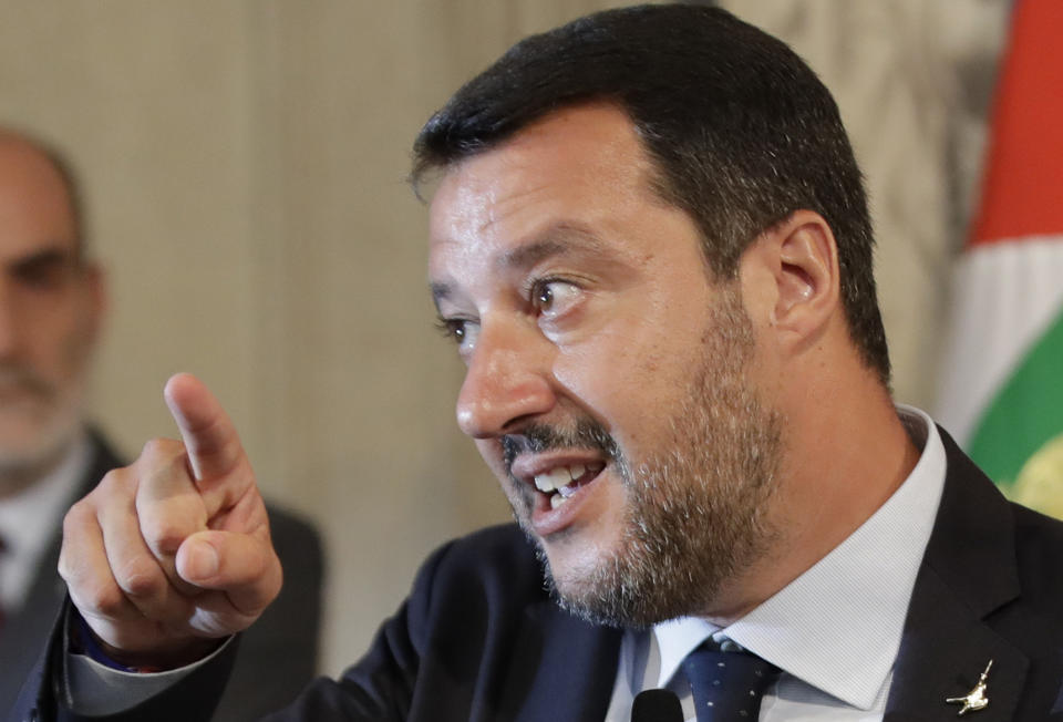 The League party leader Matteo Salvini talks to the press after meeting Italian President Sergio Mattarella, in Rome, Thursday, Aug. 22, 2019. President Sergio Mattarella continued receiving political leaders Thursday, to explore if a solid majority with staying power exists in Parliament for a new government that could win the required confidence vote. (AP Photo/Alessandra Tarantino)