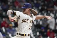 Milwaukee Brewers relief pitcher Josh Hader throws during the ninth inning of a baseball game against the St. Louis Cardinals Wednesday, May 12, 2021, in Milwaukee. (AP Photo/Morry Gash)