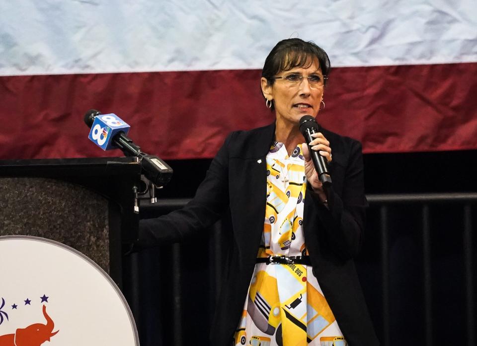 Cindy Spray speaks at the Sarasota and Manatee Republican Parties candidates rally at Robarts Arena in Sarasota on Saturday.