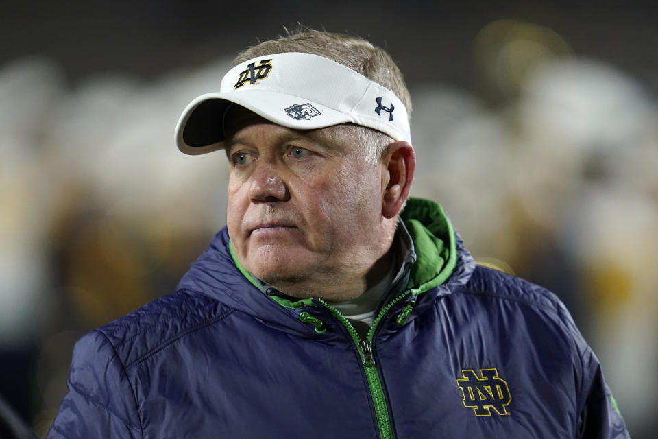 Notre Dame head coach Brian Kelly watches against Southern California in the second half of an NCAA college football game in South Bend, Ind., Saturday, Oct. 23, 2021. (AP Photo/Paul Sancya)