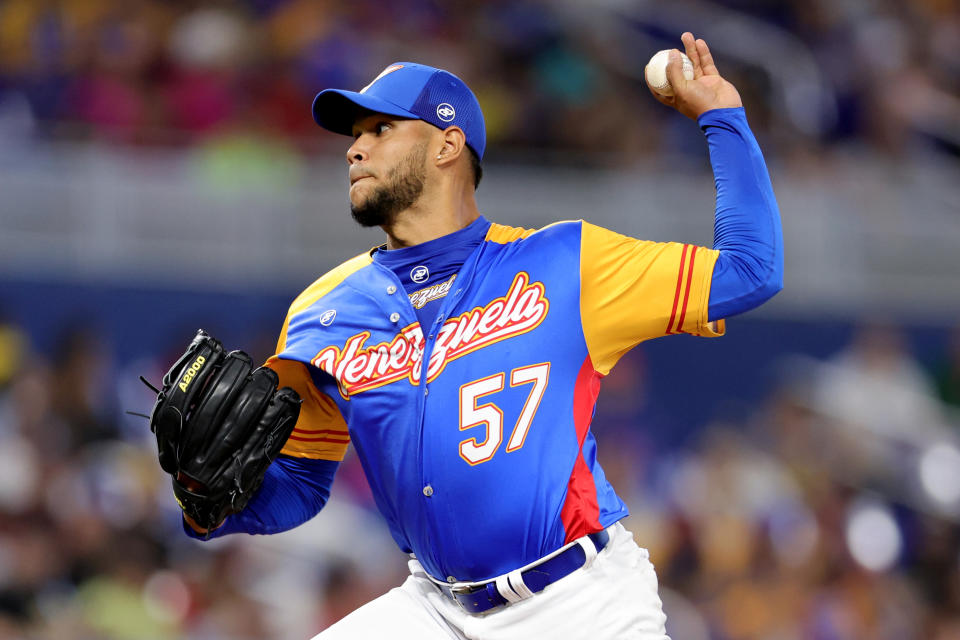 MIAMI, FLORIDA - MARCH 14: Eduardo Rodriguez #57 of Team Venezuela delivers a pitch against Team Nicaragua during the second inning in a World Baseball Classic Pool D game at loanDepot park on March 14, 2023 in Miami, Florida. (Photo by Megan Briggs/Getty Images)