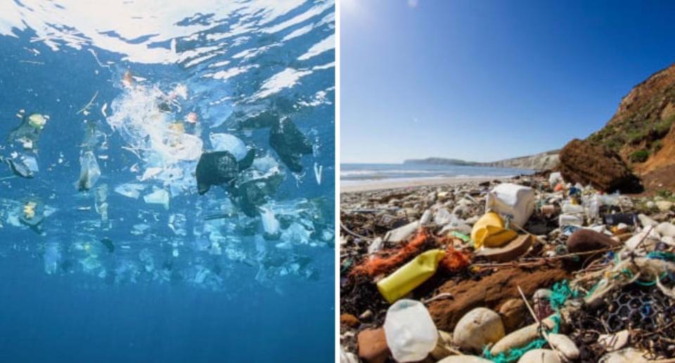 Plastic rubbish in water (left) and on the beach (right).