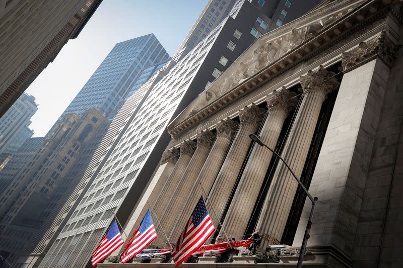 The front facade of the NYSE is seen in New York