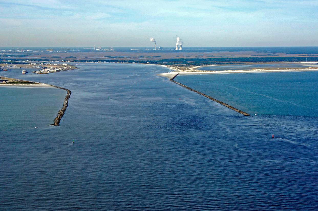 An aerial view of the Mayport jetties, completed in 1892 to address the problem of river traffic getting stuck on a sand bar in that location. Capt. James Eads was the engineer who designed the solution and oversaw the project.