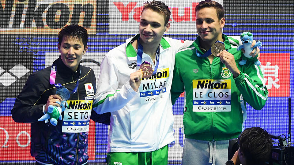 Daiya Seto, Kristof Milak and Chad le Clos with their medals after the 200m butterfly final. (Photo by Quinn Rooney/Getty Images)