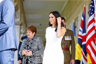 <p>After announcing they’re expecting their first child, Meghan wore a dress that said it all on Monday for her first official public outing since announcing the news. Photo: Getty </p>