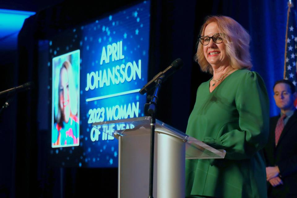 April Johansson accepts the 2023 Amarillo Globe-News Woman of the Year award at a ceremony held at the Amarillo Civic Center on Thursday night.