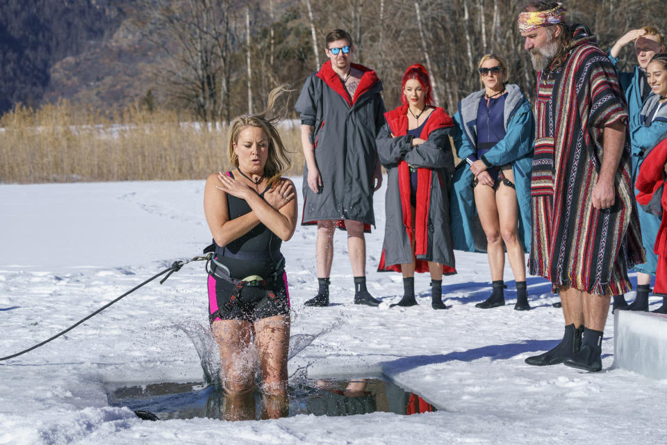 Tamzin Outhwaite jumps into an ice pool