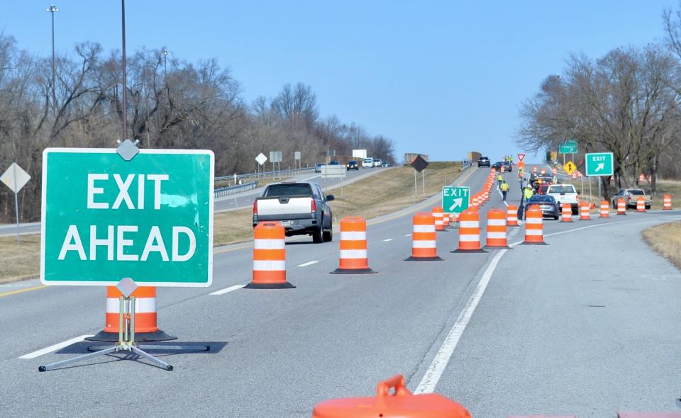 A Maryland State Highway contractor has begun work, setting up safety barriers for a project to improve the U.S. 40 bridge decks over Interstate 70. Here, traffic heads west towards the bridges and Hagerstown on Monday morning with westbound traffic on the bridge already restricted to one lane.