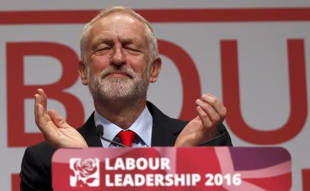 The leader of Britain's opposition Labour Party, Jeremy Corbyn, reacts after the announcement of his victory in the party's leadership election, in Liverpool, Britain September 24, 2016. REUTERS/Peter Nicholls