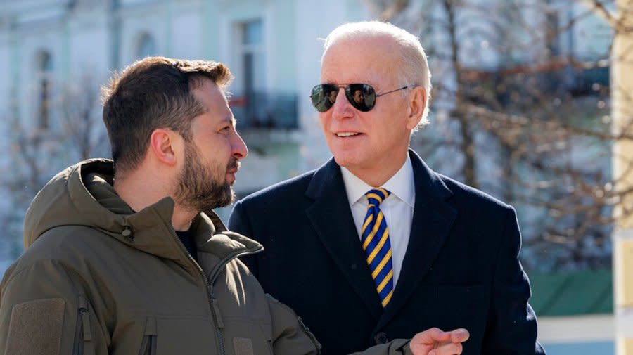<em>President Joe Biden and Ukrainian President Volodymyr Zelensky talk during Biden’s unannounced visit to Kyiv, Ukraine, on Feb. 20, 2023. </em>