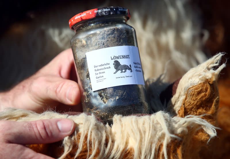 Lion tamer Lacey poses with a glass of lion droppings in Munich