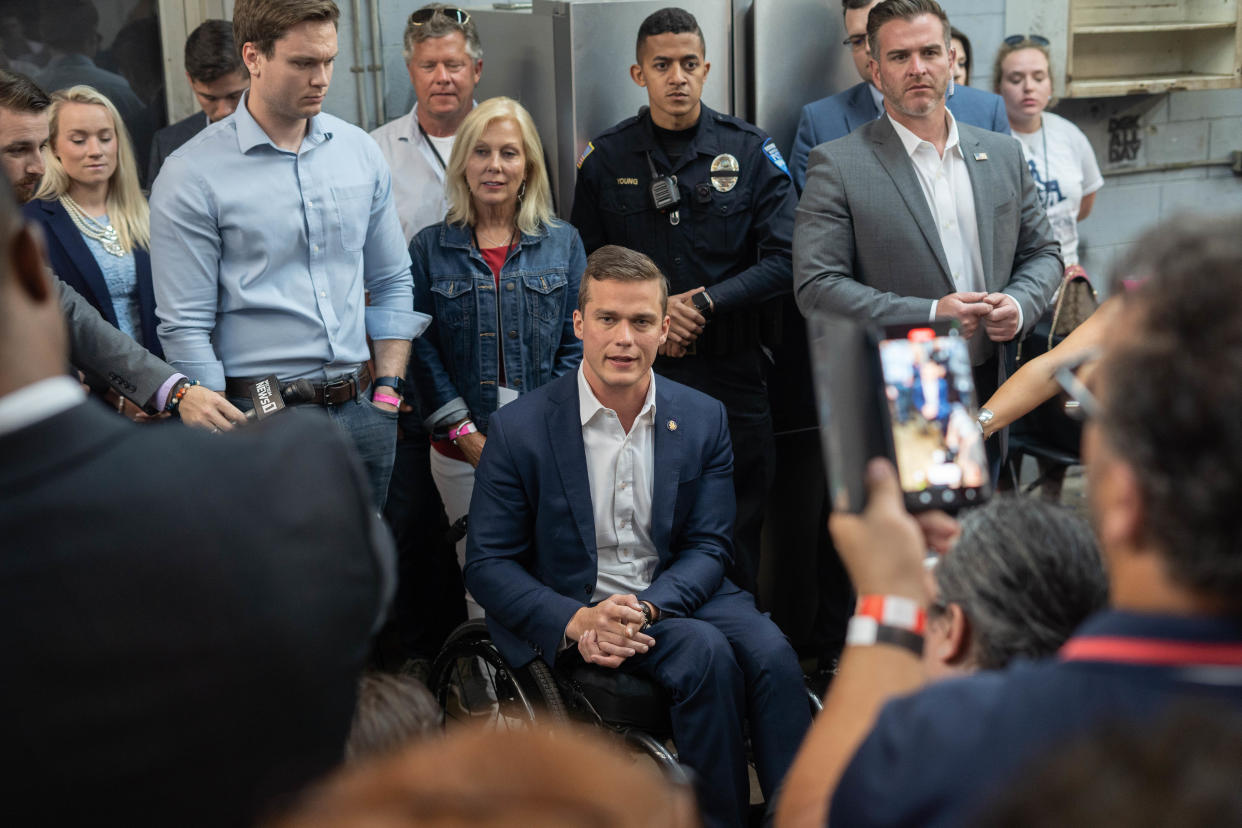 Republican congressman Madison Cawthorn greets supporters at his primary election day watch party in Hendersonville on May 17, 2022.