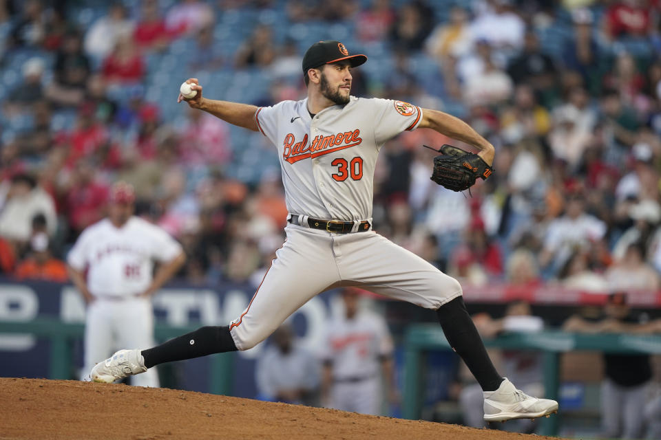 Baltimore Orioles starting pitcher Grayson Rodriguez throws during the first inning of a baseball game against the Los Angeles Angels, Monday, Sept. 4, 2023, in Anaheim, Calif. (AP Photo/Ryan Sun)