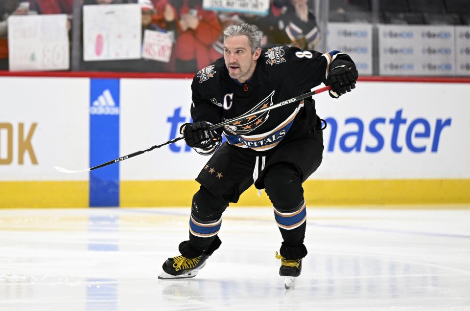 Alex Ovechkin of the Washington Capitals warms up before the game against the Winnipeg Jets at Capital One Arena on Dec. 23, 2022 in Washington.