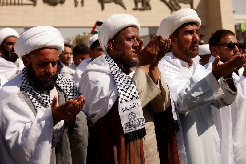 Supporters of Iraqi Shi'ite cleric Moqtada al-Sadr protest in solidarity with Palestinians in Gaza, in Baghdad