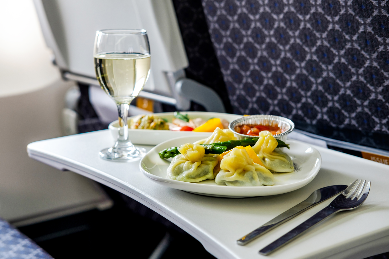 Gourmet airline meal and a glass of wine