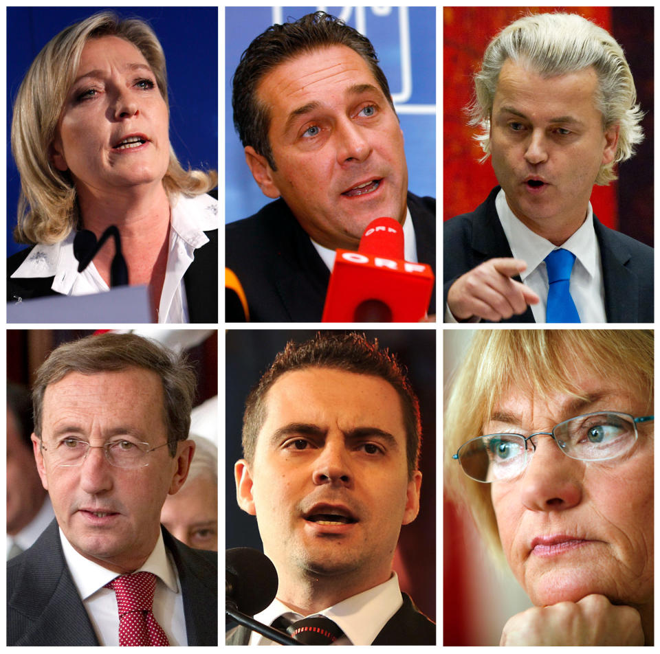This combination of six file photos shows from left to right, on the top: Marine Le Pen of France's National Front; Heinz Christian Strache, head of Austria's right-wing Freedom Party or FPOE; Netherlands Freedom Party lawmaker Geert Wilders. And on the bottom from left to right are: Italian Lower Chamber President Gianfranco Fini, former head of the National Alliance and currently head of Italy's Future and Liberty Party; chairman of Hungary's " For A Better Hungary Movement or Jobbik, Gabor Vona; and Pia Kjaersgaard head of the Danish People's Party. (AP Photos)