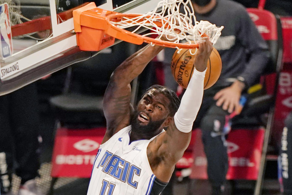 Orlando Magic forward James Ennis III (11) dunks unopposed during the first quarter of an NBA basketball game against the Brooklyn Nets, Thursday, Feb. 25, 2021, in New York. (AP Photo/Kathy Willens)