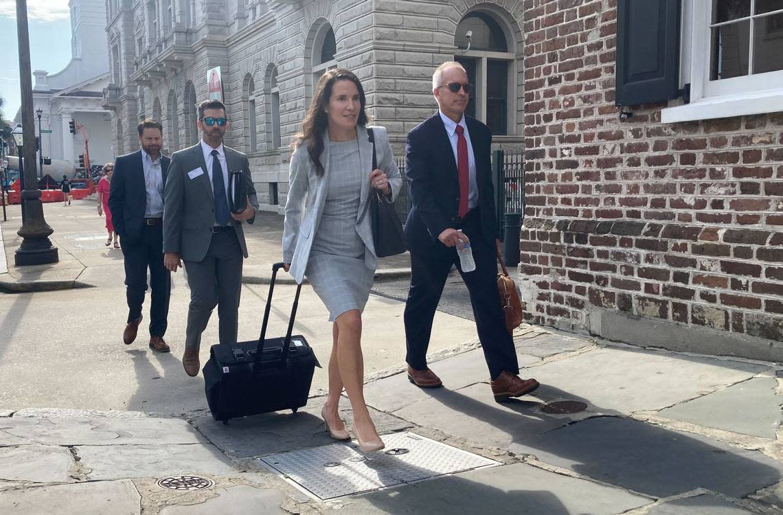 Federal prosecutors arrive at the federal district court in Charleston, South Carolina on Aug. 1, 2023 for Russell Laffitte’s sentencing. 