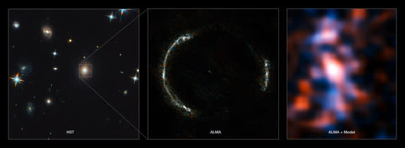 The ALMA telescope has revealed star-forming regions in a galaxy only 2.4 billion years after the Big Bang — the most detailed image of such a distant galaxy ever obtained. The left panel, an image taken by Hubble, shows the foreground lensing