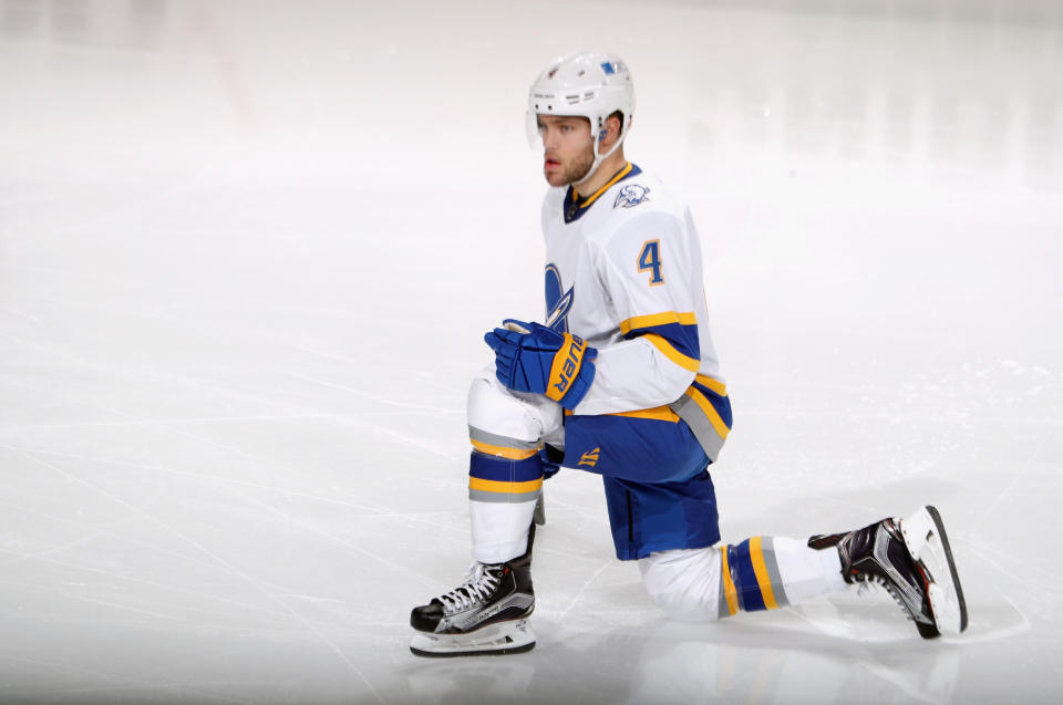 NEWARK, NEW JERSEY - MARCH 16: Taylor Hall #4 of the Buffalo Sabres skates against the New Jersey Devils at the Prudential Center on March 16, 2021 in Newark, New Jersey. (Photo by Bruce Bennett/Getty Images)