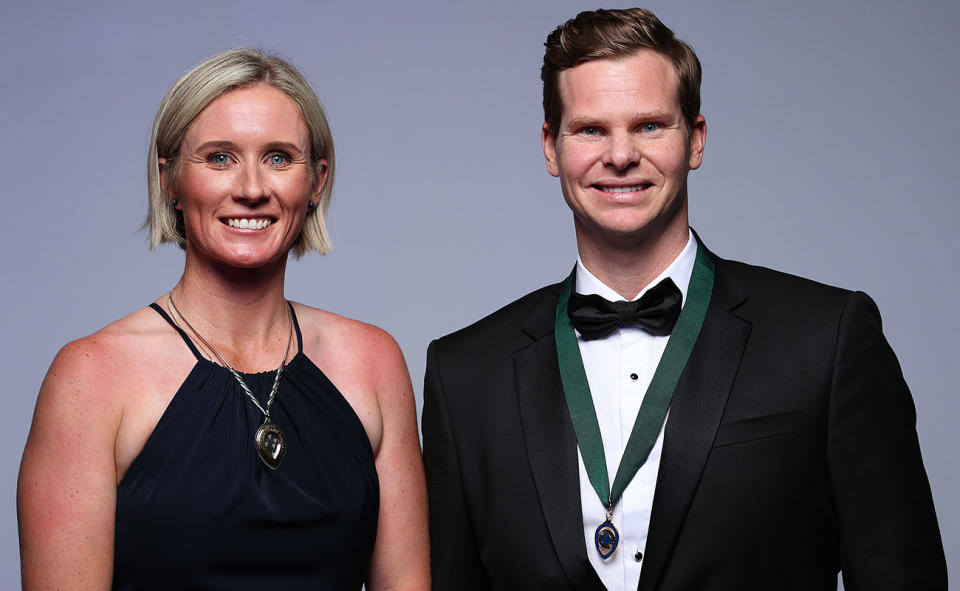 Beth Mooney and Steve Smith, pictured here with their medals after the 2023 Australian Cricket Awards.