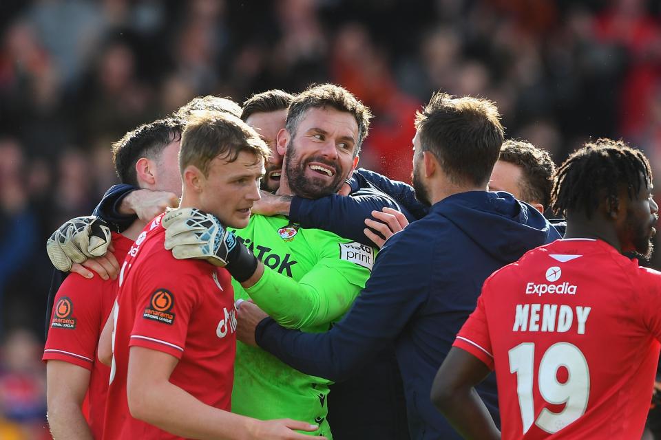 Wrexham, UK. 10th April 2023. Ben Foster of Wrexham celebrates victory during the Vanarama National League match between Wrexham and Notts County at the Glyndµr University Racecourse Stadium, Wrexham on Monday 10th April 2023. (Photo: Jon Hobley | MI News) Credit: MI News & Sport /Alamy Live News