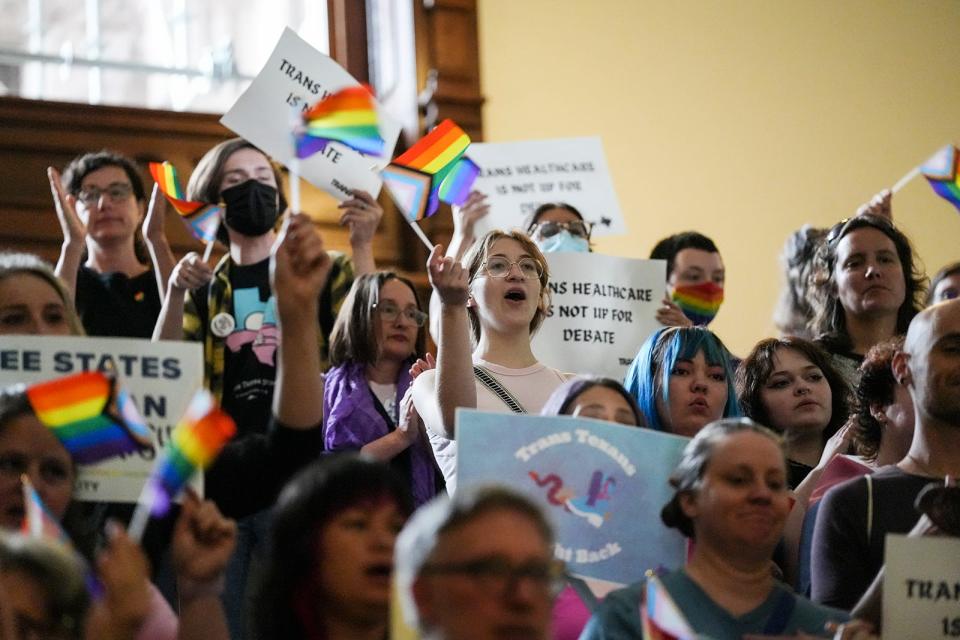 LGBTQ activists protest Senate Bill 14 at the Texas Capitol Friday, May 12, 2023. SB14 would ban gender-affirming medical care for transgender children.