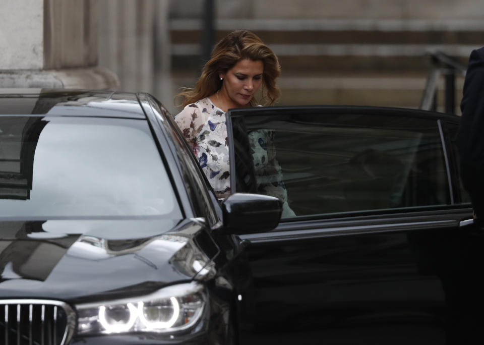 Princess Haya Bint al-Hussein leaves The High Court for lunch in London, Wednesday, July 31, 2019. A dispute between the ruler of Dubai and his estranged wife over the welfare of their two young children will play out over the next two days in a London courtroom amid reports the princess has fled from the Gulf emirate. (AP Photo/Alastair Grant)