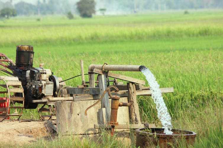 <span class="caption">Groundwater is critical to agriculture worldwide.</span> <span class="attribution"><a class="link " href="https://www.shutterstock.com/image-photo/groundwater-pumps-use-farming-1051336970?src=YVtP0gMNV9-SotpAw7eh4g-1-18" rel="nofollow noopener" target="_blank" data-ylk="slk:Rungroj Youbang/Shutterstock;elm:context_link;itc:0;sec:content-canvas">Rungroj Youbang/Shutterstock</a></span>