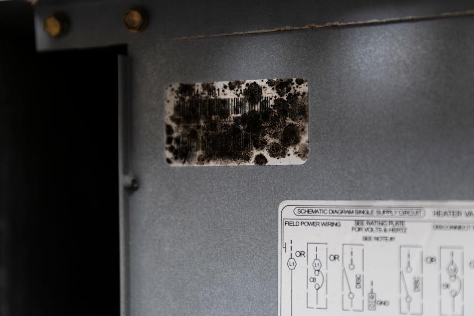 When you hear the term “biological growth,” you probably think of mold. But an HVAC technician can’t call it that unless it’s tested for mold. The biological growth can be seen here as black spots on the barcode sticker.