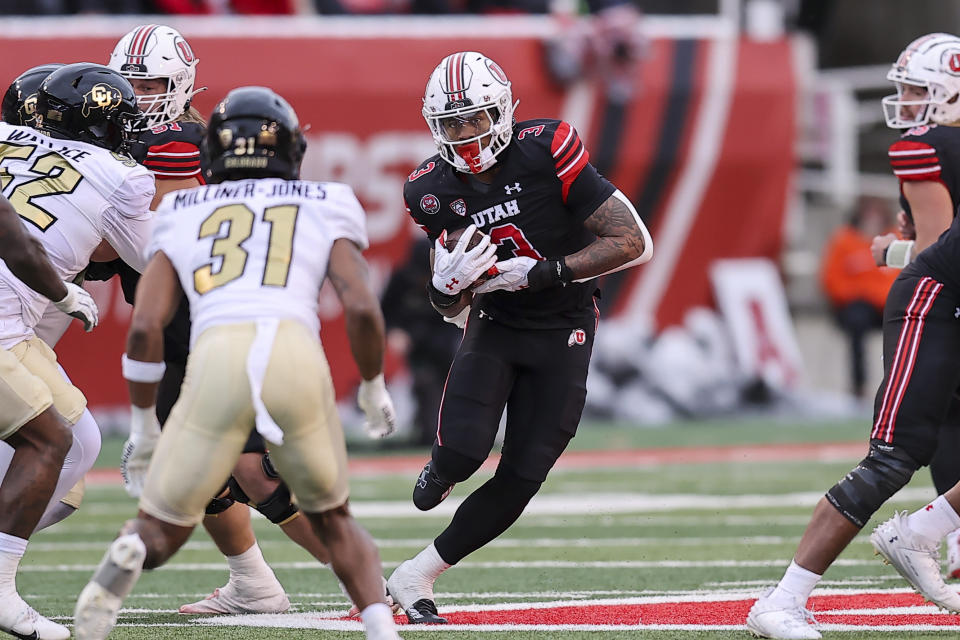 Utah running back Ja'Quinden Jackson runs against Colorado during the second half of an NCAA college football game Saturday, Nov. 25, 2023, in Salt Lake City. (AP Photo/Rob Gray)