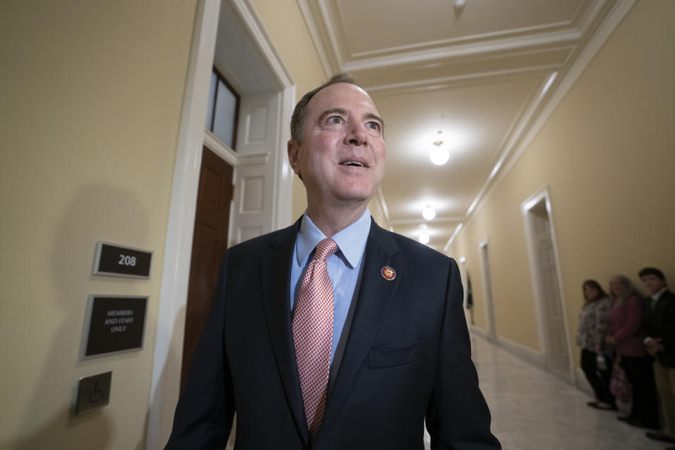 House Intelligence Committee Chairman Adam Schiff, D-Calif., responds to reporters as he arrives for an open hearing on China, at the Capitol in Washington, Thursday, May 16, 2019. The House intelligence committee has called four lawyers linked to President Donald Trump and his family for interviews as part of an investigation into whether they tried to obstruct congressional inquiries into Russian election interference. (AP Photo/J. Scott Applewhite)